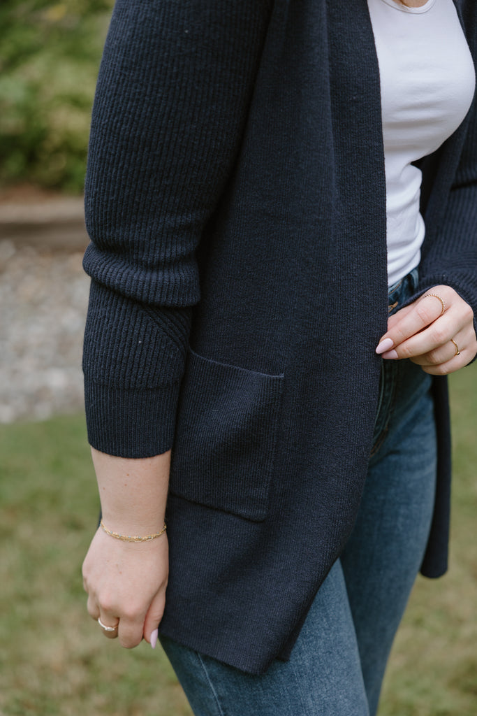 Ribbed Sleeve Cardigan -  Navy