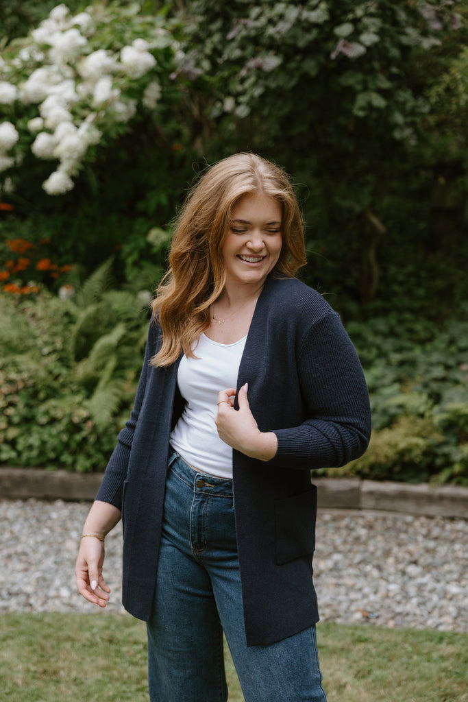 Ribbed Sleeve Cardigan -  Navy