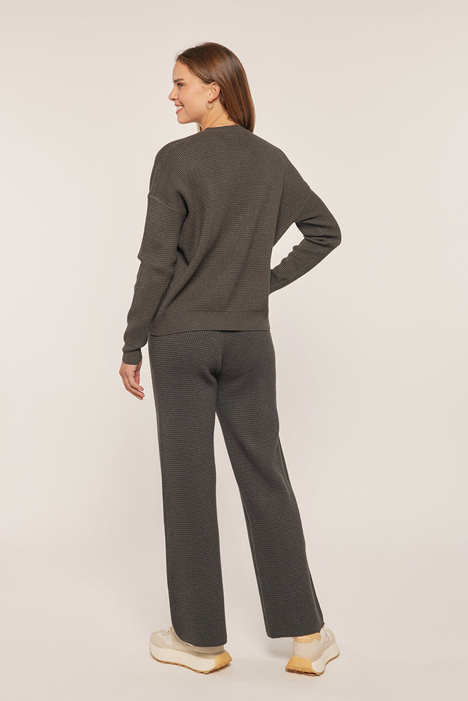 Waffle Textured Sweater & Pant Set - Charcoal