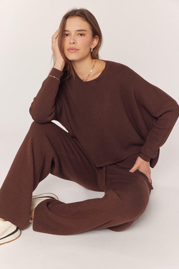 Waffle Textured Sweater & Pant Set - Cacao