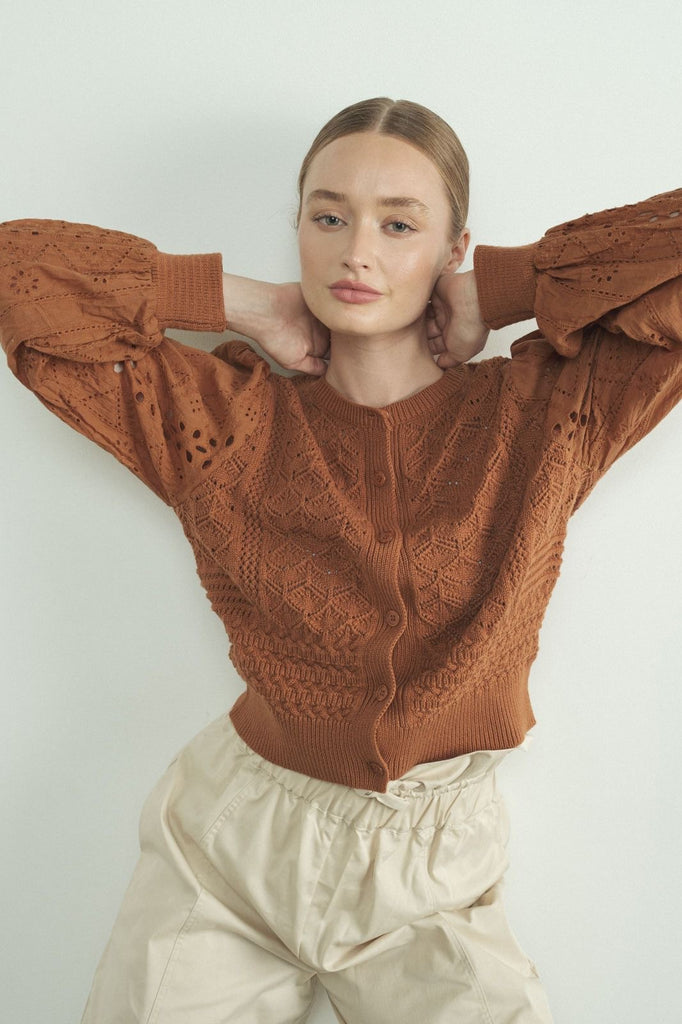 Crochet Long Sleeve Cardigan - Cognac