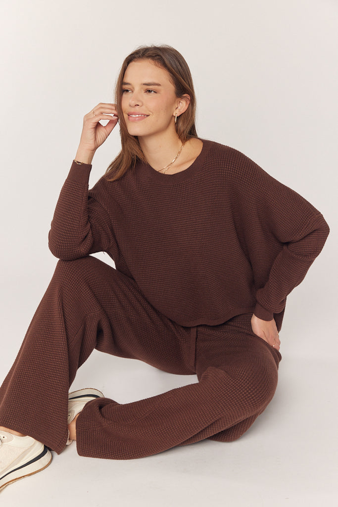 Waffle Textured Sweater & Pant Set - Cacao