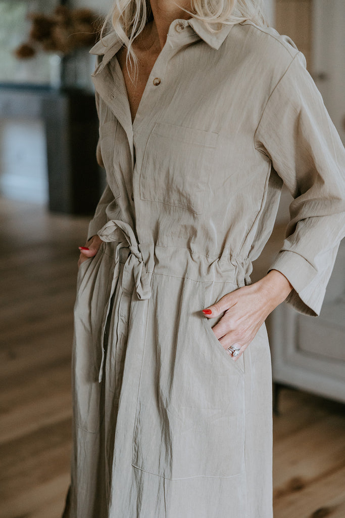 Side Slit Shirt Dress - Khaki