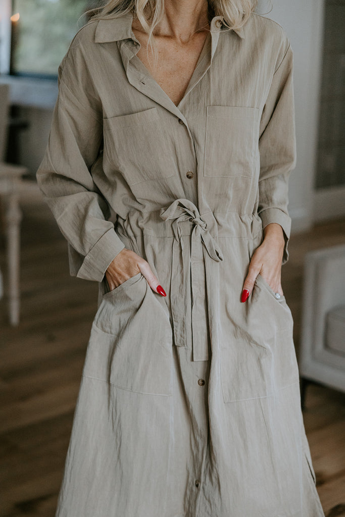 Side Slit Shirt Dress - Khaki