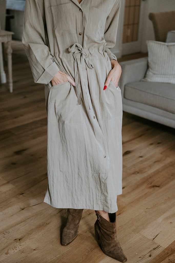 Side Slit Shirt Dress - Khaki