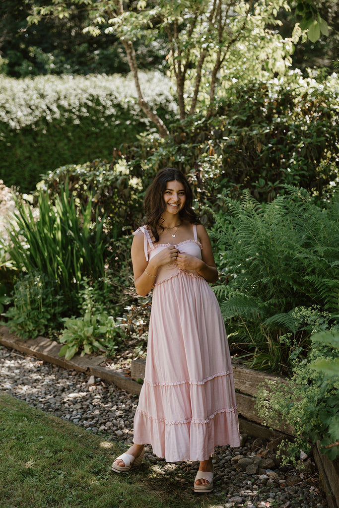 Smocked Midi Shoulder Tie Dress - Pink