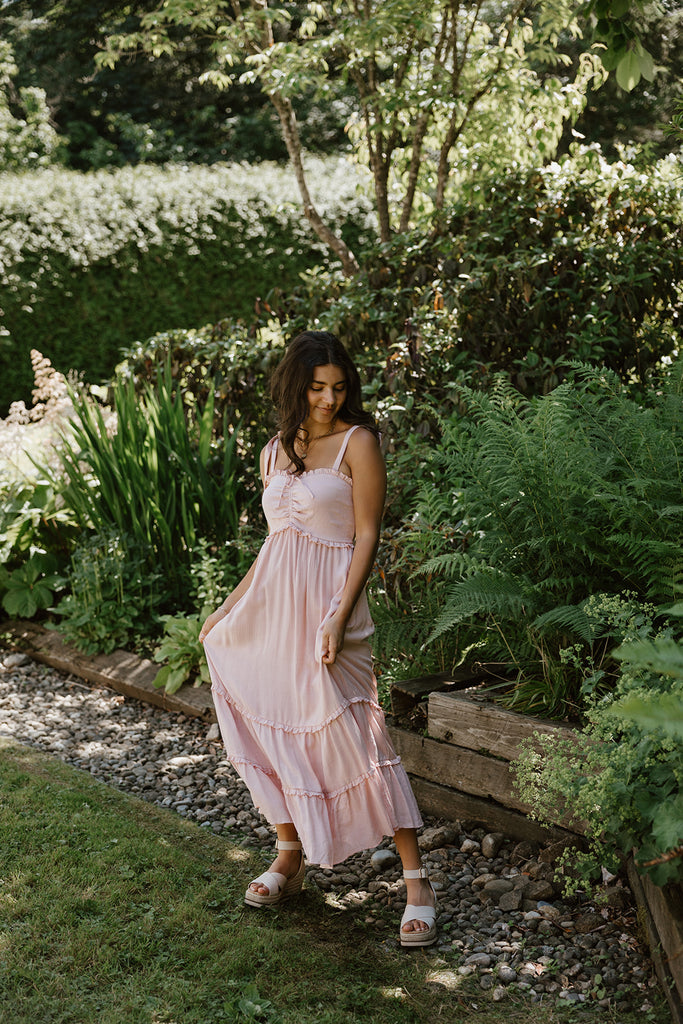 Smocked Midi Shoulder Tie Dress - Pink