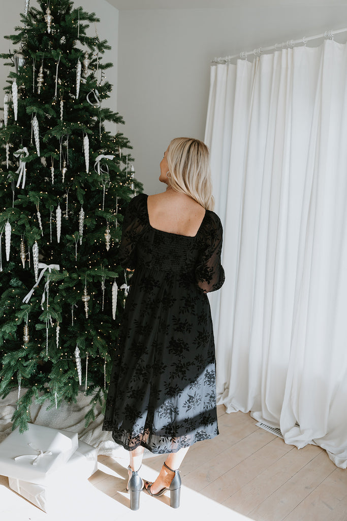 Black Midi Dress with Velvet Florals