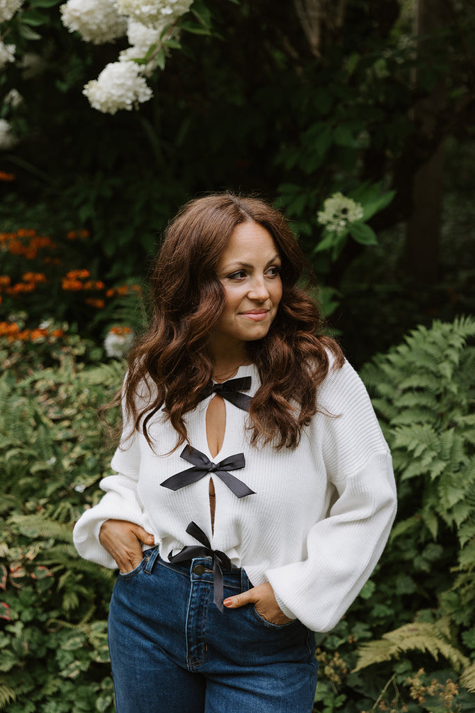 White Sweater with Black Bows