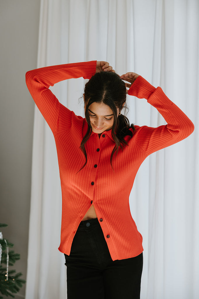 Button Up Ribbed Sweater - Red