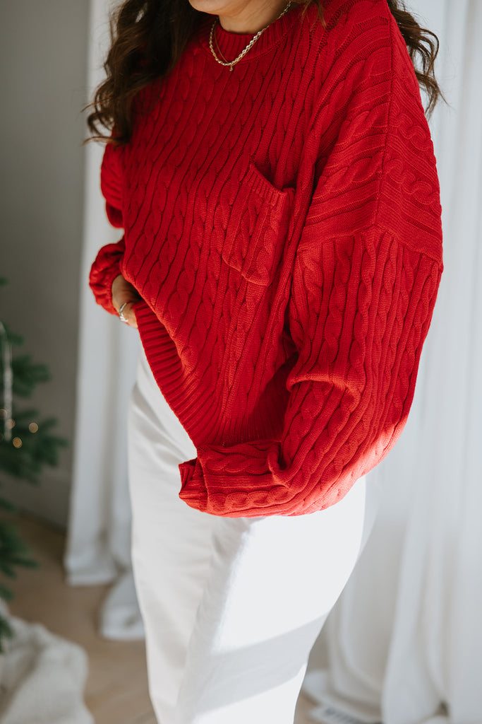 Cropped Cable Knit Sweater - Red