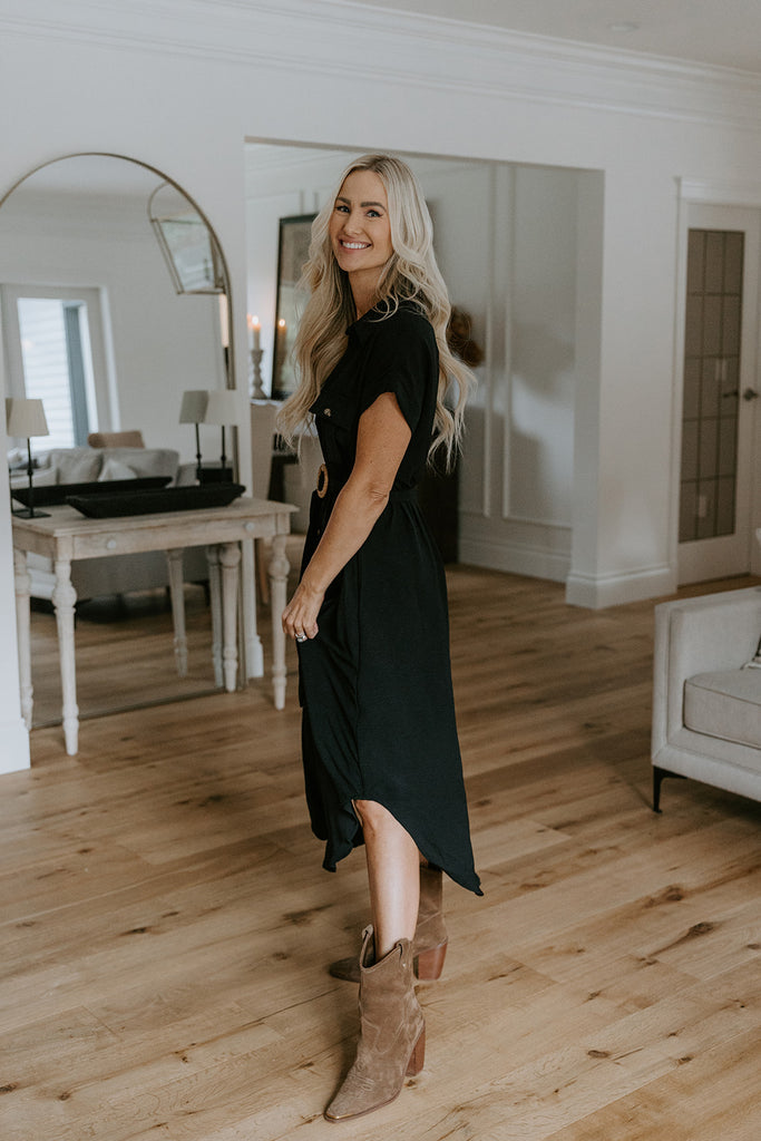 Button Down Belted Midi Dress - Black