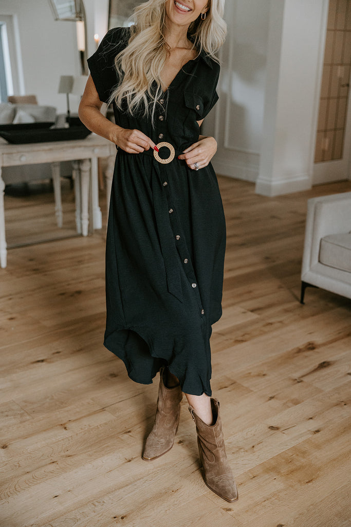 Button Down Belted Midi Dress - Black