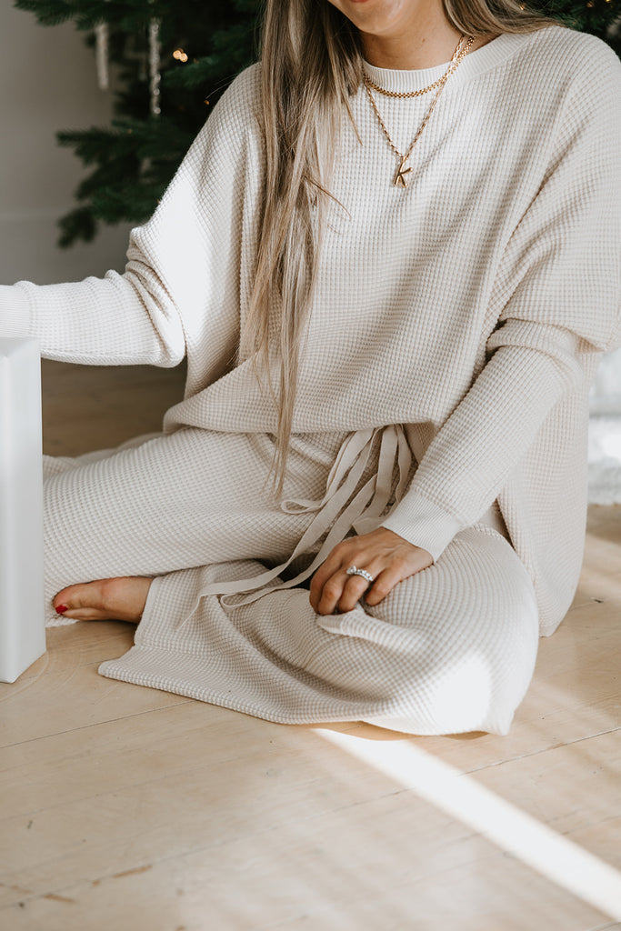 Waffle Textured Sweater & Pant Set - Oat