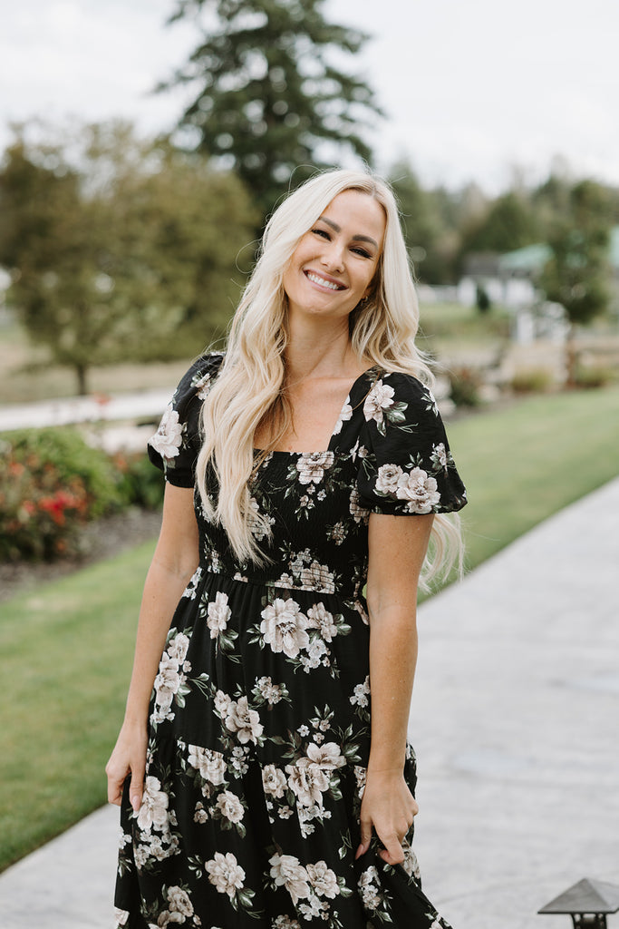 Floral Midi Dress - Black