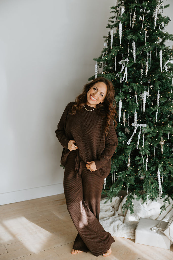 Waffle Textured Sweater & Pant Set - Cacao