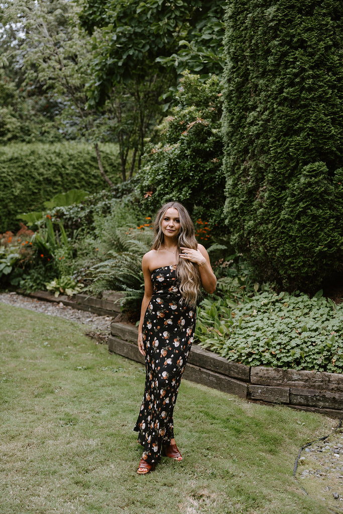 Fall Floral Strapless Midi - Black