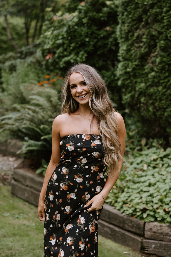 Fall Floral Strapless Midi - Black