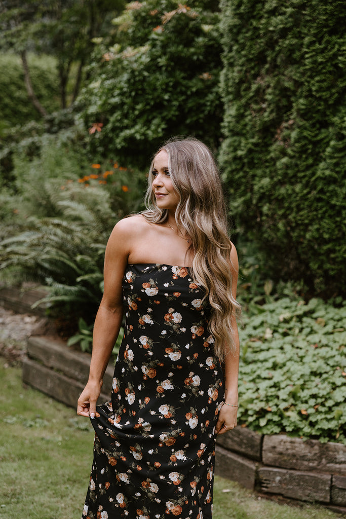 Fall Floral Strapless Midi - Black