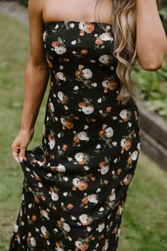 Fall Floral Strapless Midi - Black