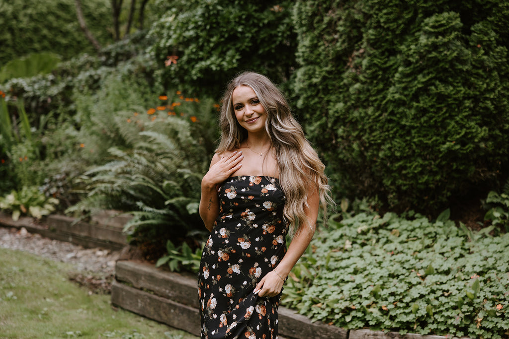 Fall Floral Strapless Midi - Black