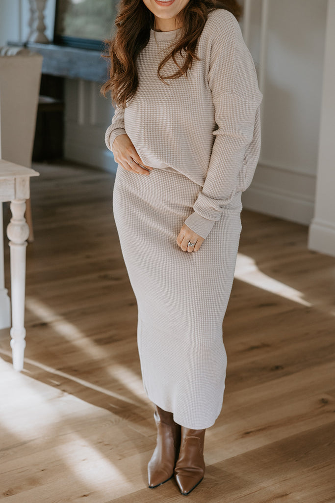 Waffle Sweater and Skirt Set - Stone