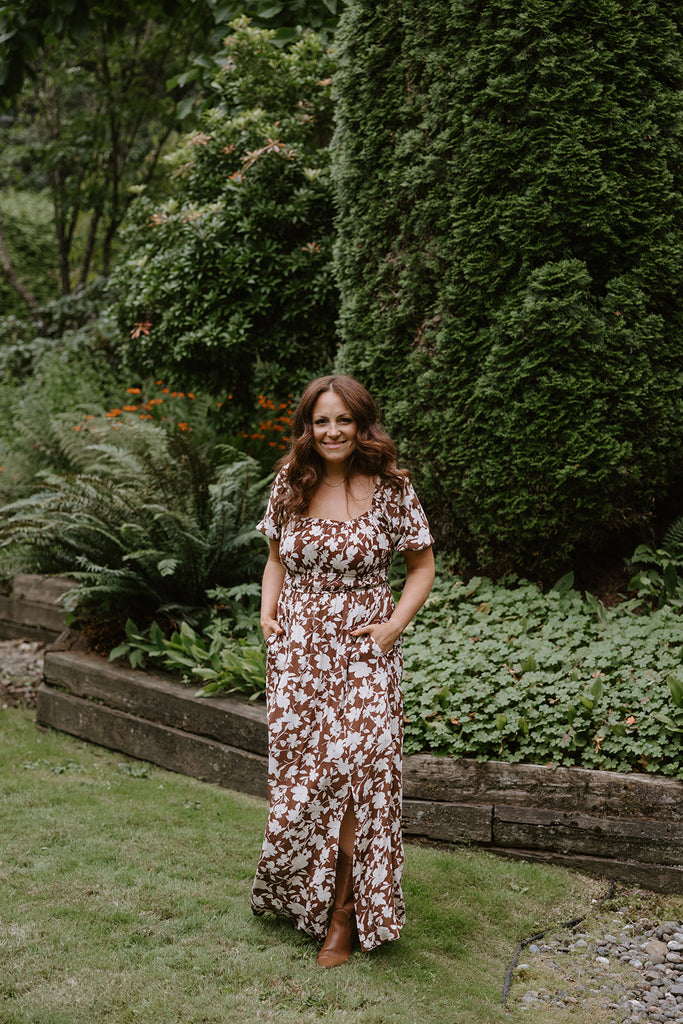 Floral Print Midi Dress - Brown