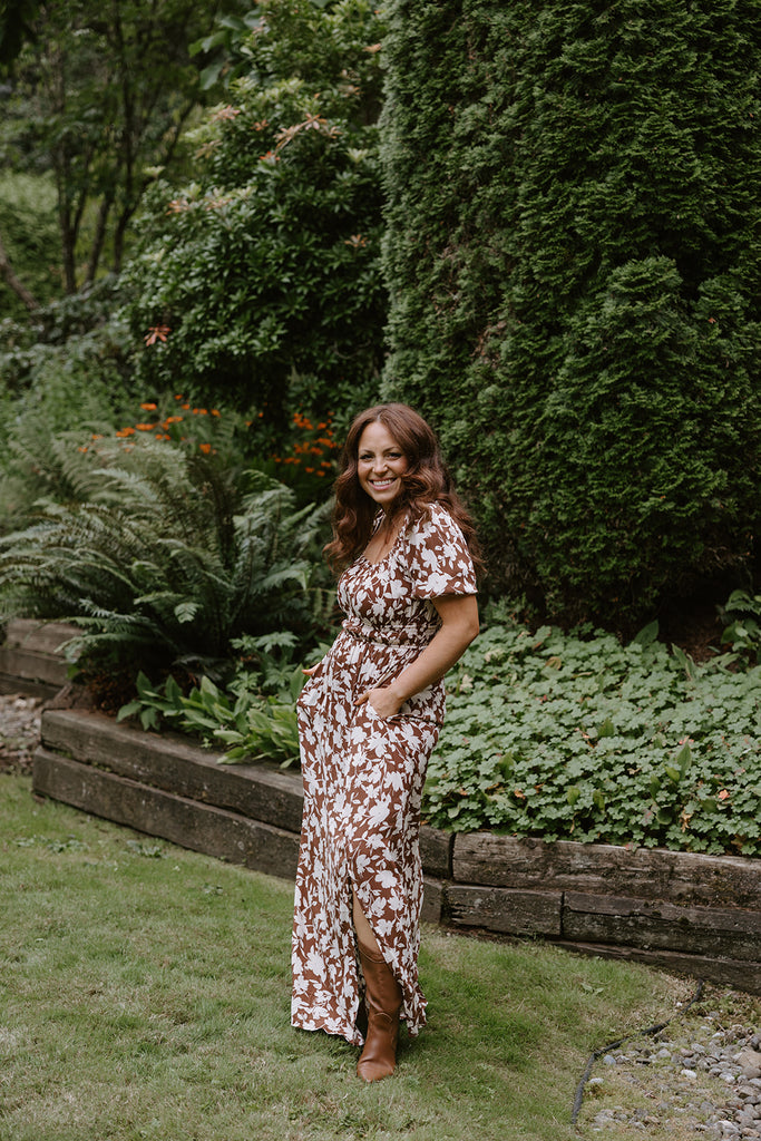 Floral Print Midi Dress - Brown