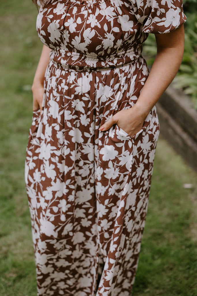 Floral Print Midi Dress - Brown