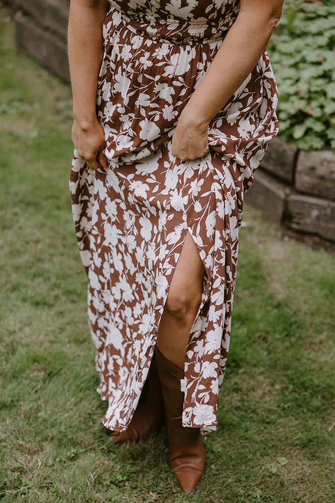 Floral Print Midi Dress - Brown