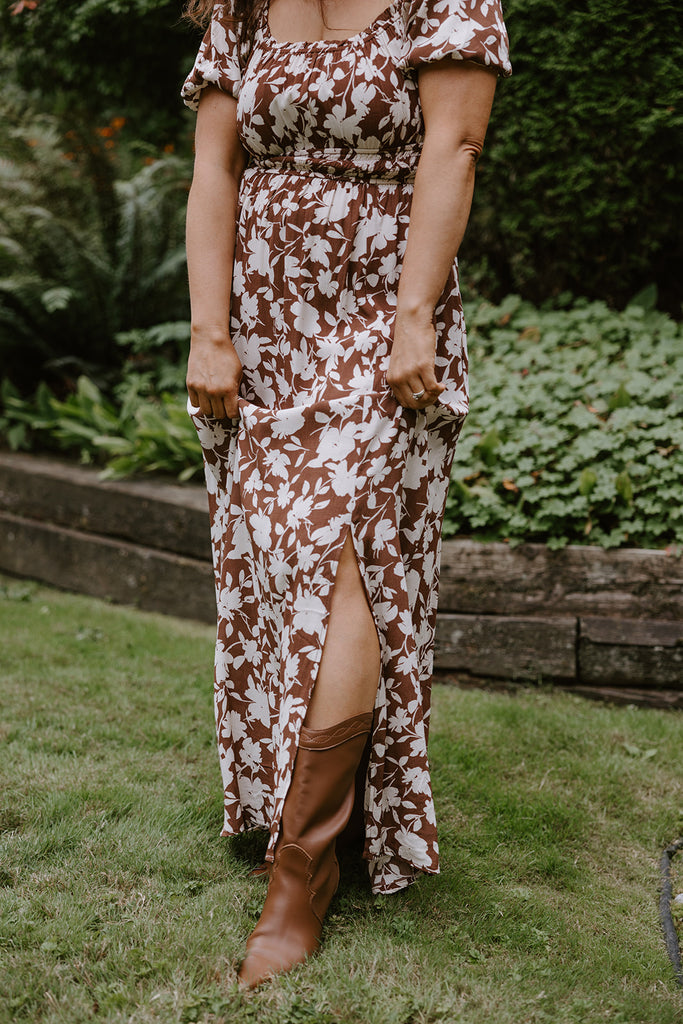 Floral Print Midi Dress - Brown