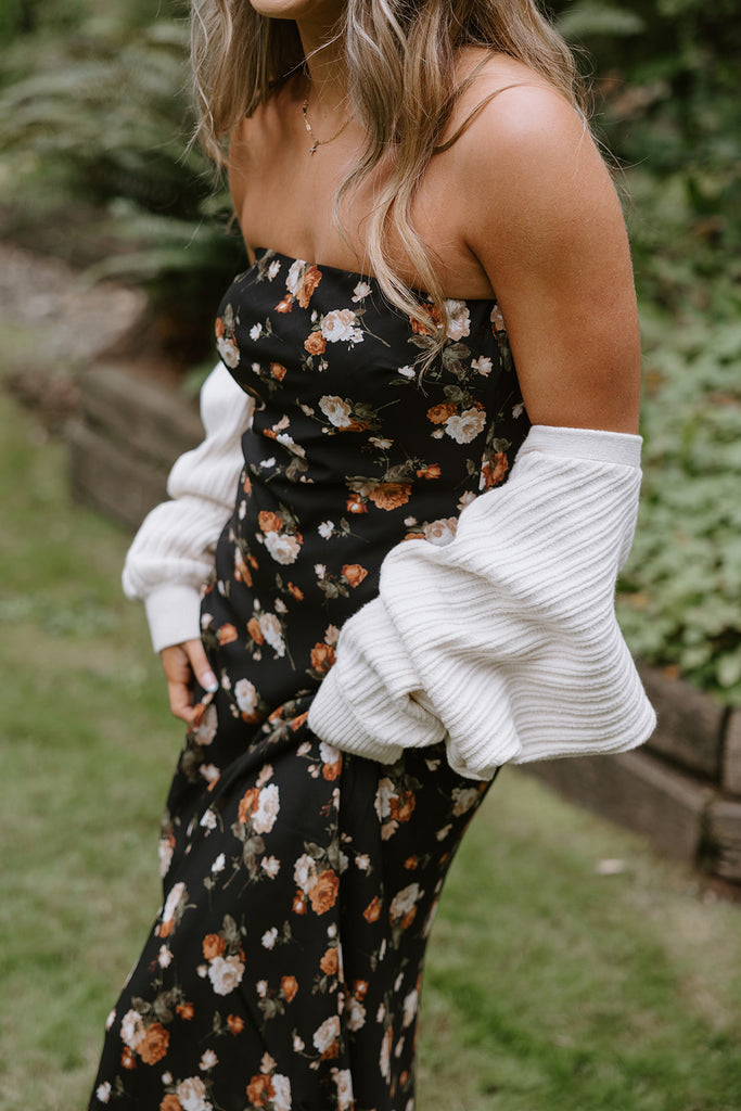 Fall Floral Strapless Midi - Black