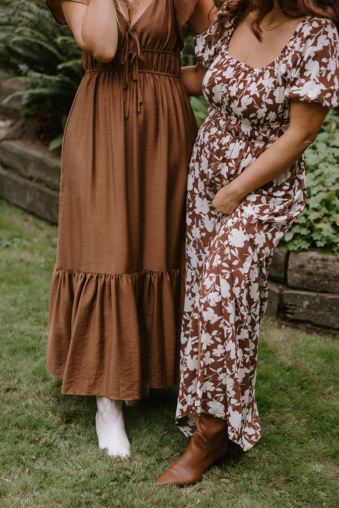 Floral Print Midi Dress - Brown