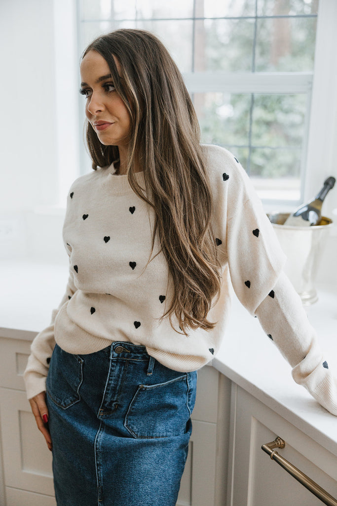 Heart Embroidered Sweater - Cream/Black