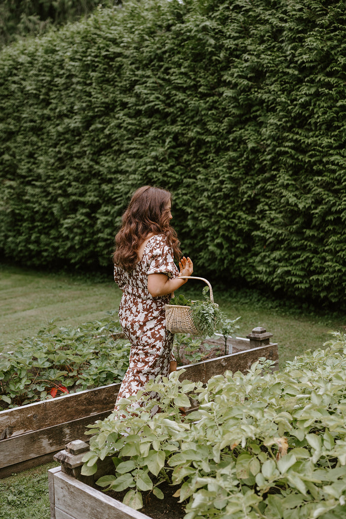 Floral Print Midi Dress - Brown