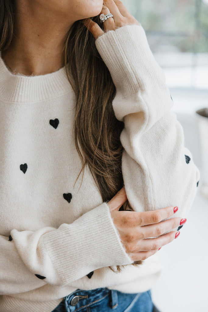 Heart Embroidered Sweater - Cream/Black