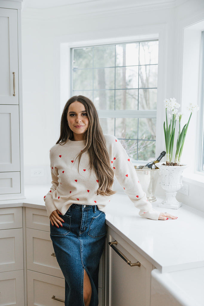 Heart Embroidered Sweater - Cream/Red