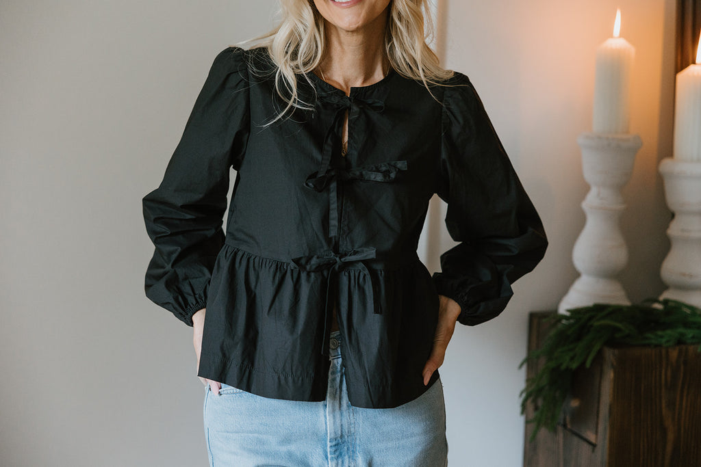 Bow Front Poplin Blouse - Black