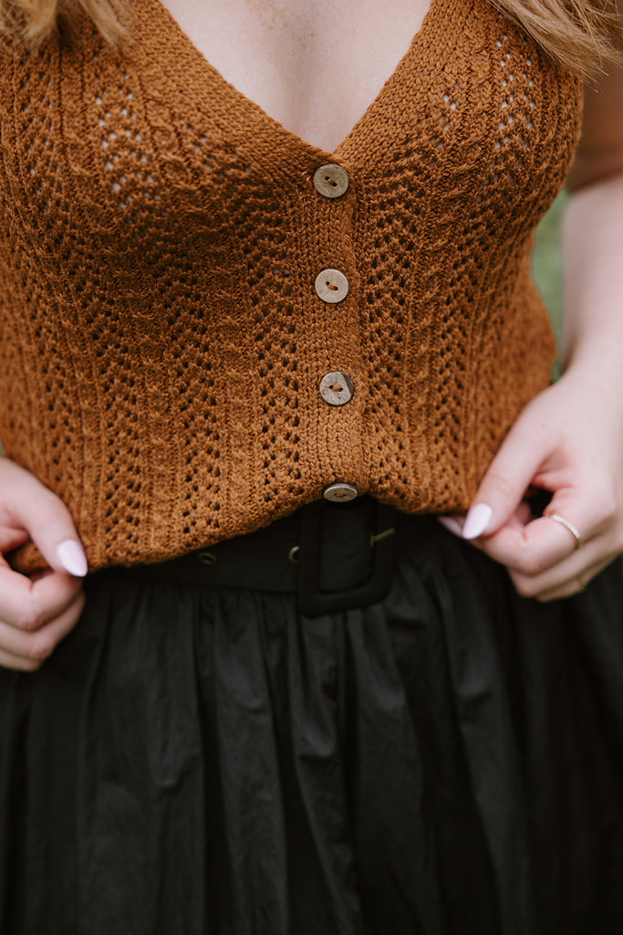 Button Up Crochet Sweater Tank - Camel