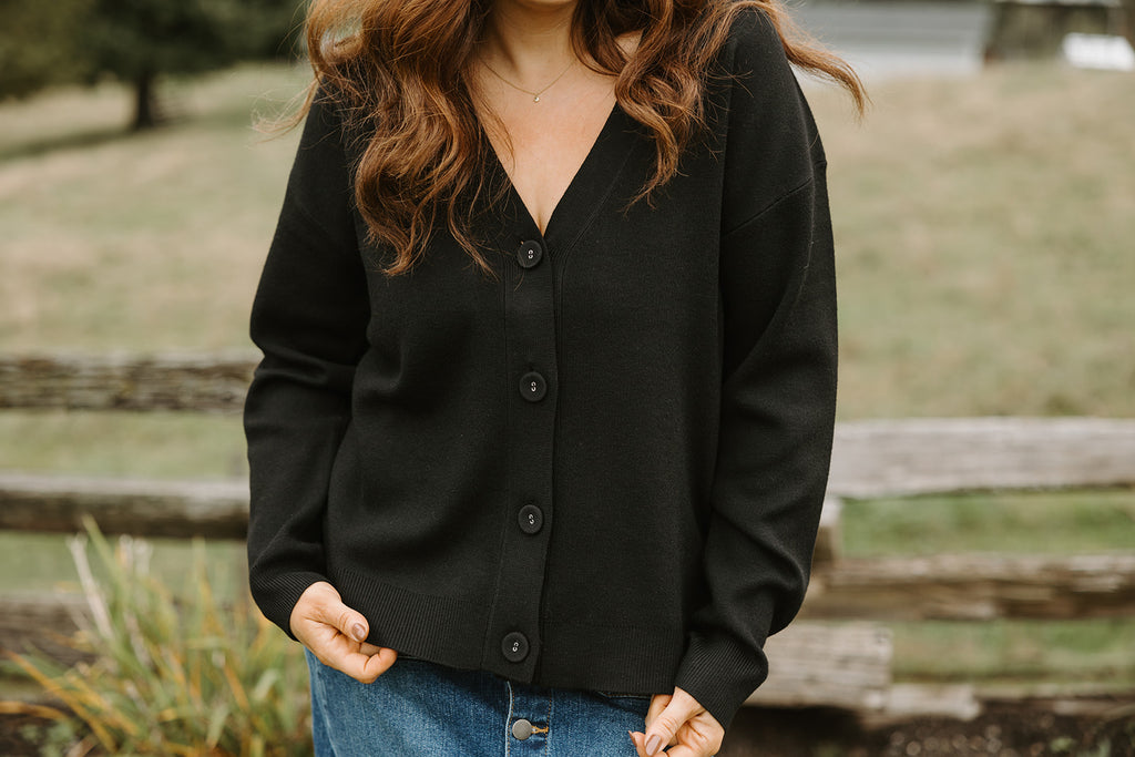 VNeck Button Down Cardigan - Black