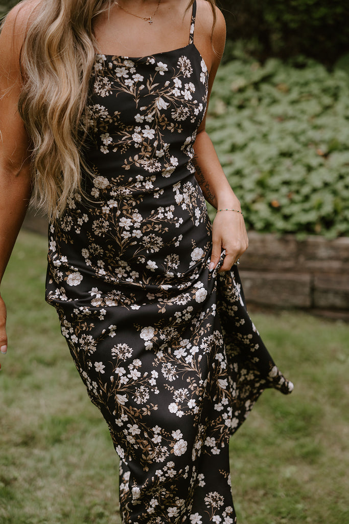 Floral Earthy Midi Slip Dress - Black