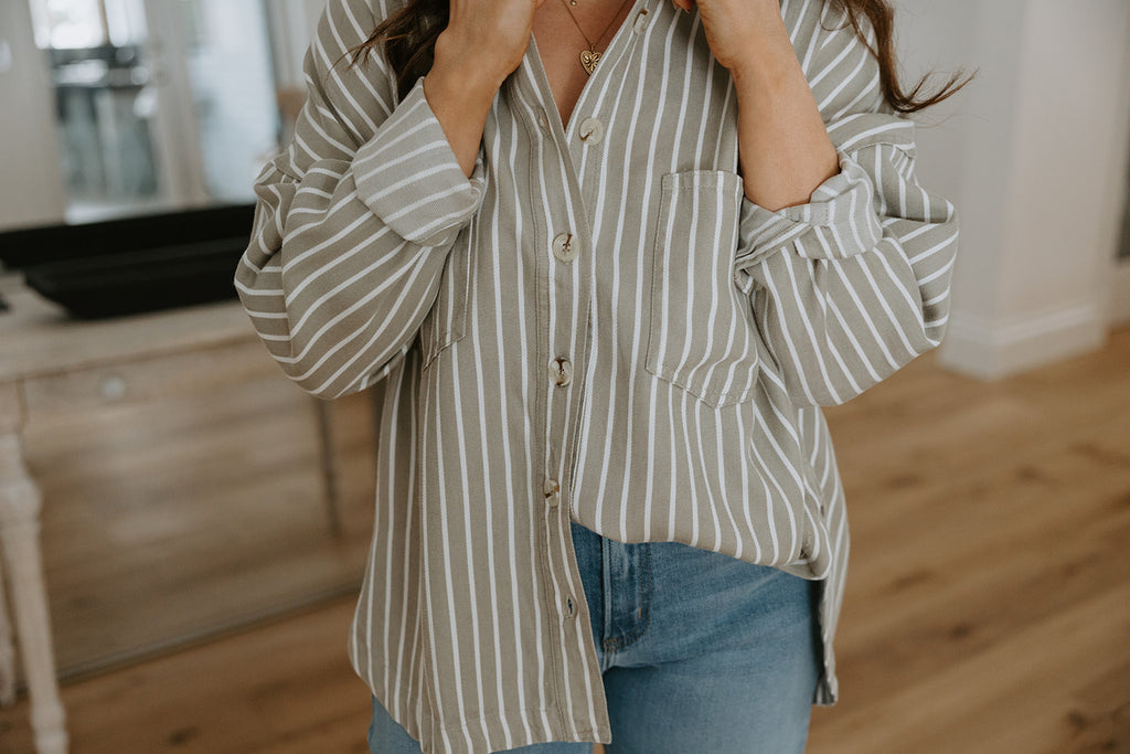 Striped Chambray Button Up - Olive