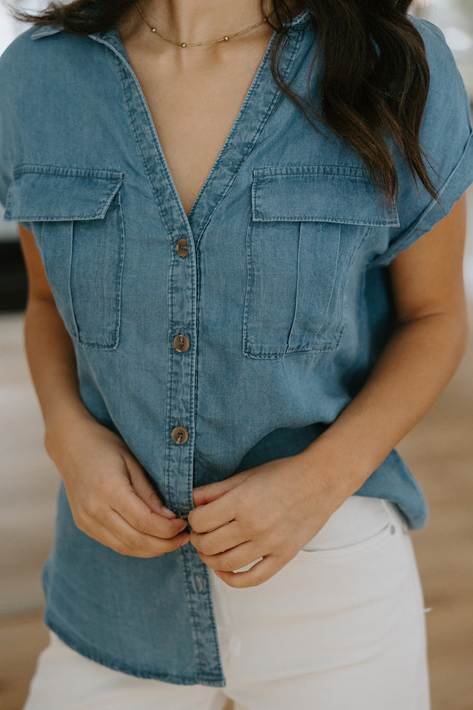 Button Up Tencel Shirt - Medium Blue