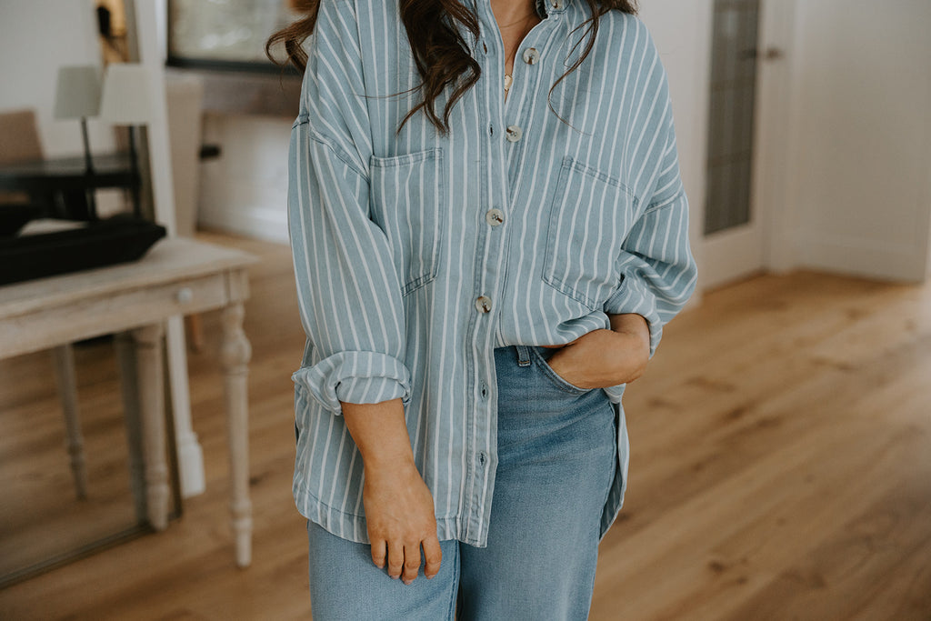 Striped Chambray Button Up - Blue