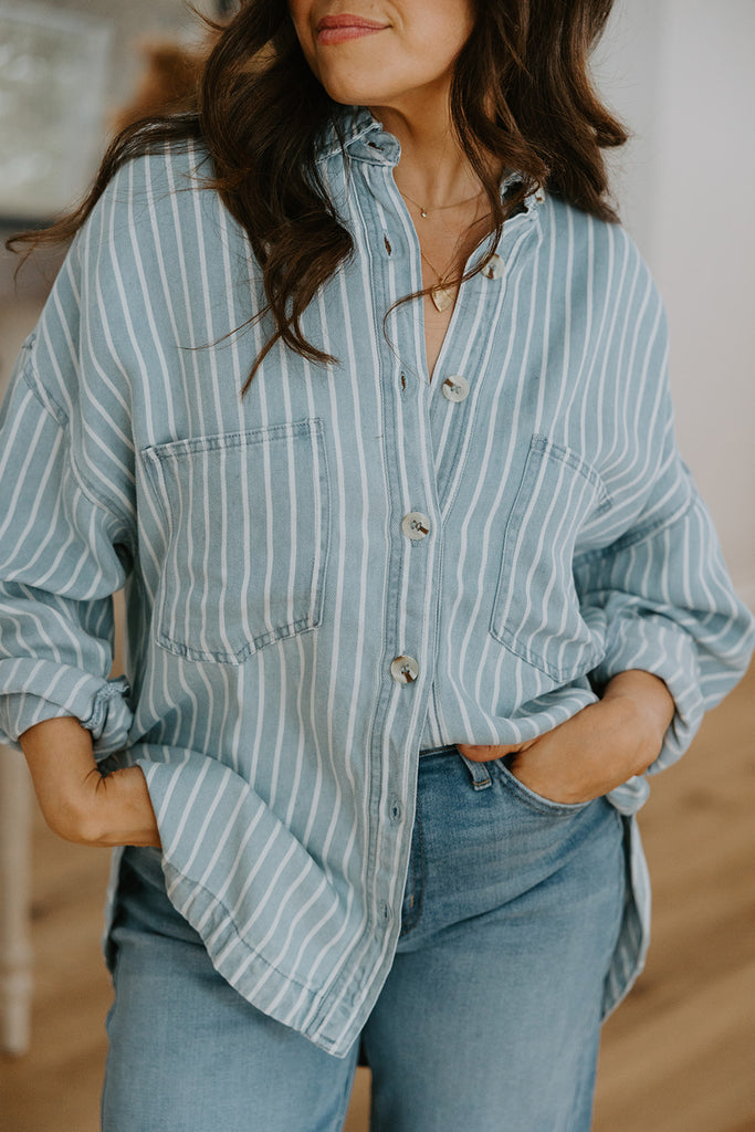 Striped Chambray Button Up - Blue