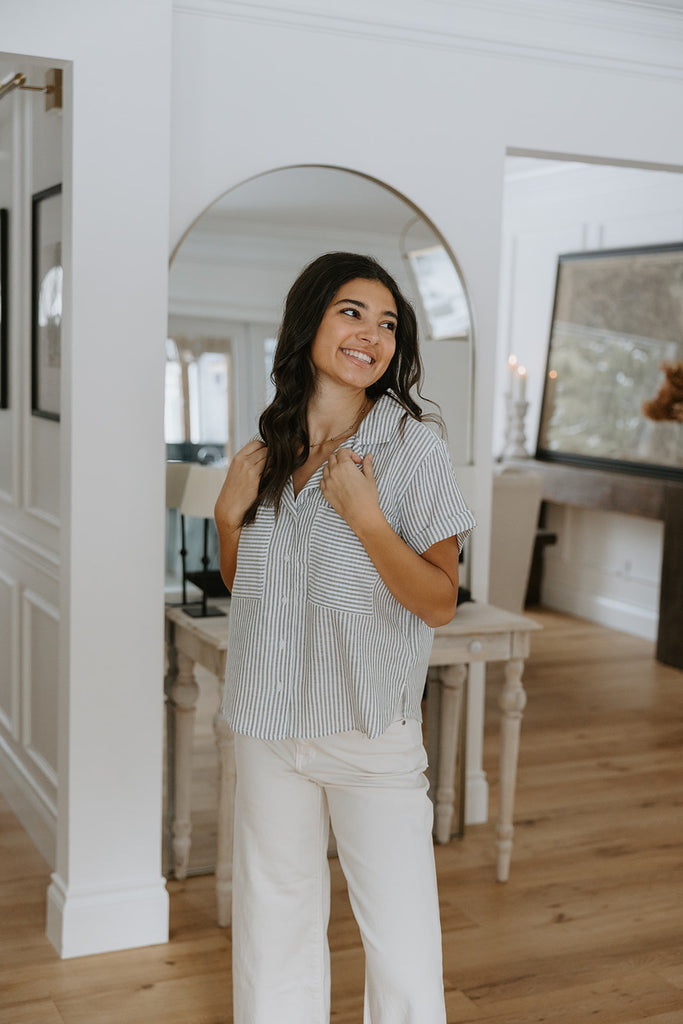 Striped Short Sleeve with Pocket - Olive