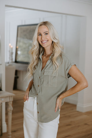 Button Down Striped Dress with Belt - Olive