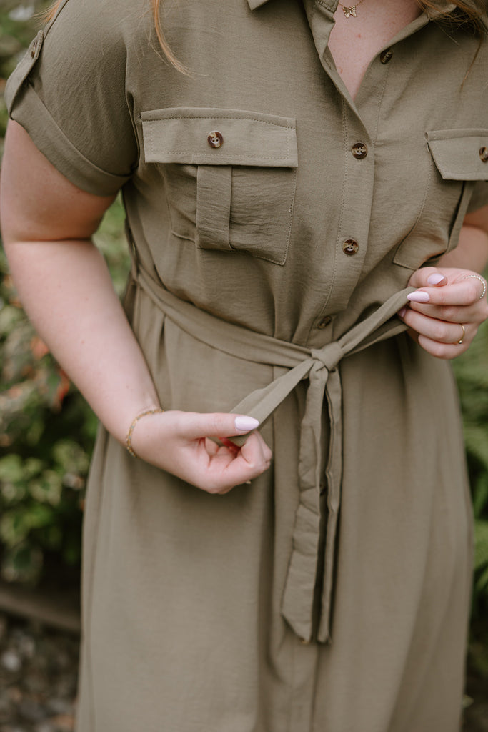 Short Sleeve Shirt Dress - Olive