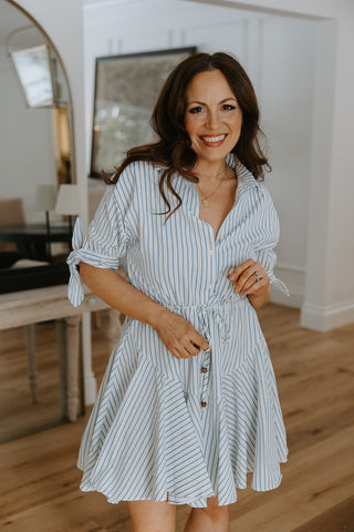 Button Down Striped Dress with Belt - Blue