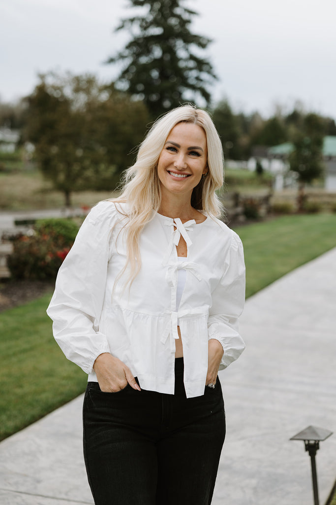 Bow Front Poplin Blouse - White